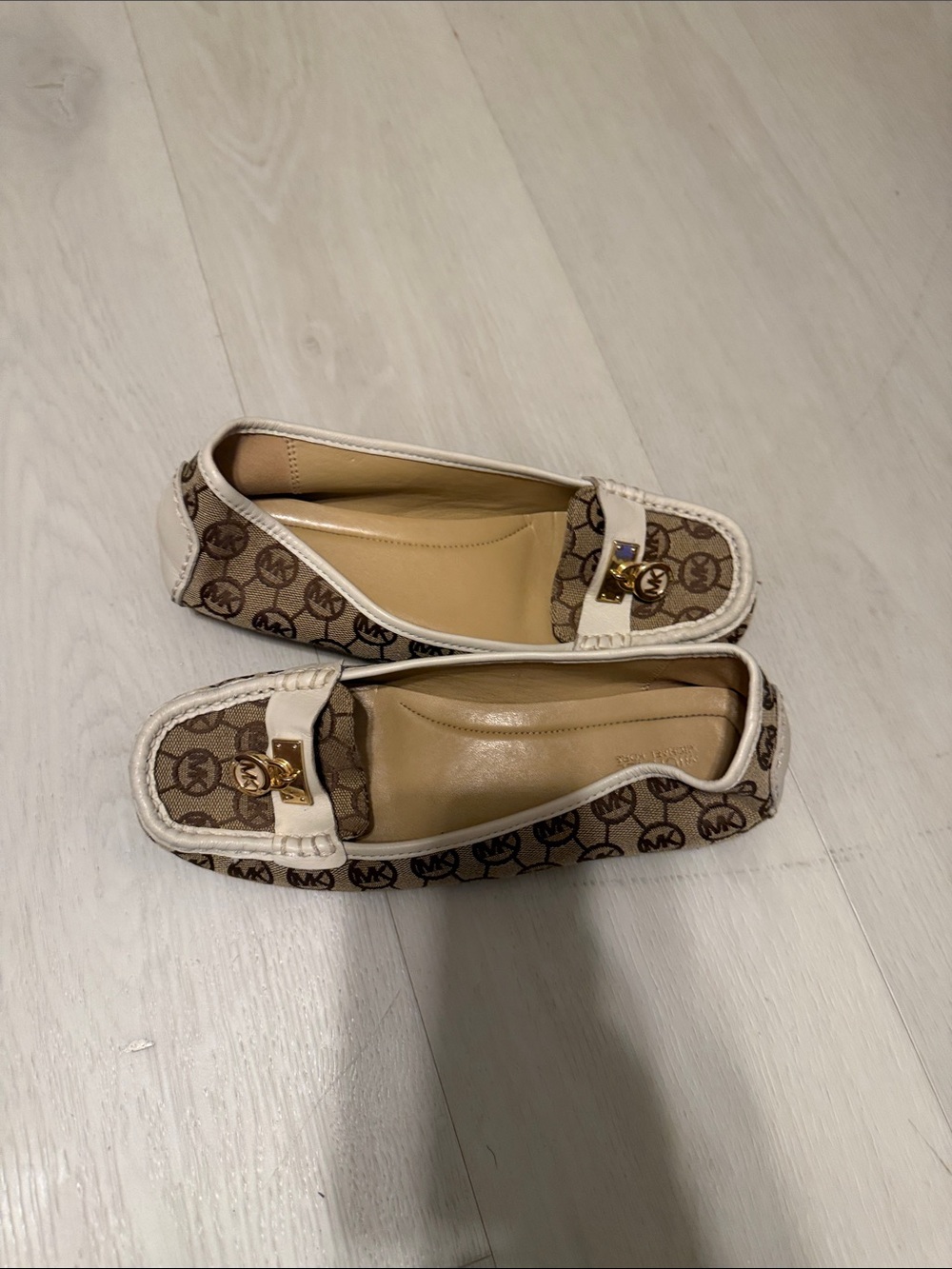 Michael Kors Brown Logo Canvas Loafers with Cream Trim